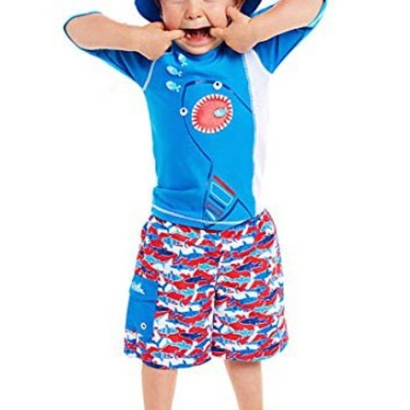 UV Skinz Kids Boys UPF 50+ Sunwear Blue Sharks Swim Trunk & Rash Guard Size 6 - Picture 1 of 12